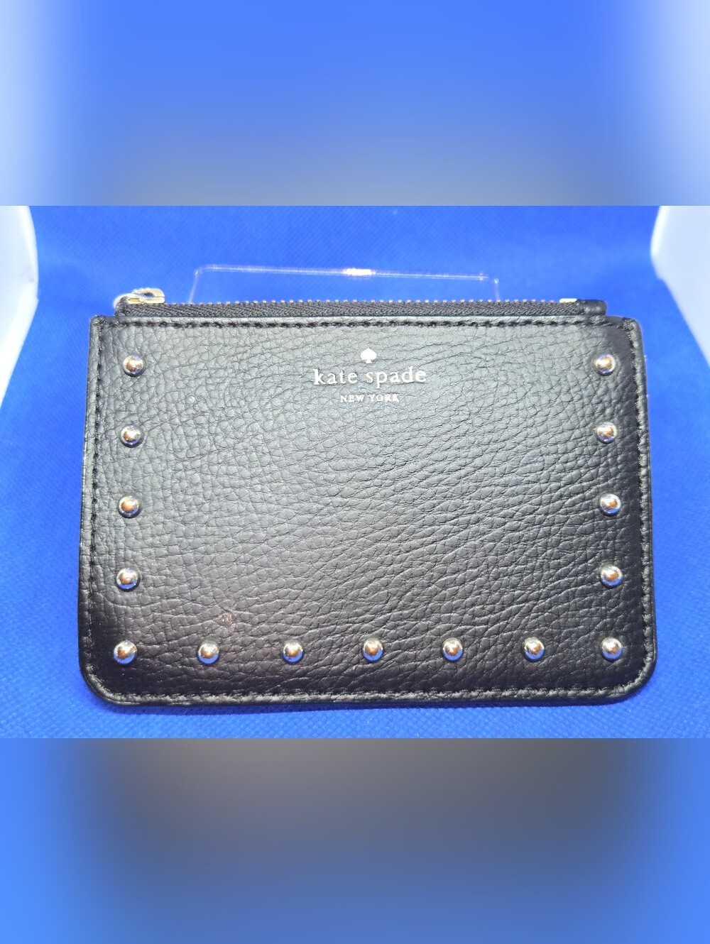 Kate Spade Black Leather Studded Bitsy Key Ring Zip Card Case Wallet WLRU4918